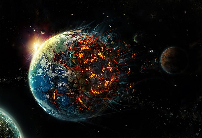 planet, world, death, destruction, space, lava, evil, explosion, apocalypce, fire, moon, good, end, fight, endless, HD wallpaper