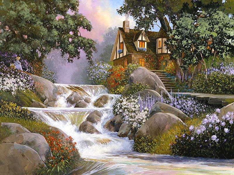 Girl on cottage river, colorful, house, cottage, bonito, water, splendor, girl, magical, flowers, peaceful, color, nature, fields, river, outdoor, HD wallpaper Girl on cottage river, colorful, house, cottage, bonito, water, splendor, girl, magical, flowers, peaceful, color, nature, fields, river, outdoor, HD wallpaper