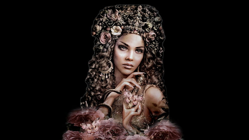 La Femme Headdress Gypsy Queen, pretty, stunning, bold, women are special, bonito, breathtaking, etheral women, women are a mystery, glam women, flowers, lafemme portrait, female trendsetters, gorgeous, lafemme headdress, daring, lovely, butterflies, gypsy queen, lips nails eyes hair art, HD wallpaper