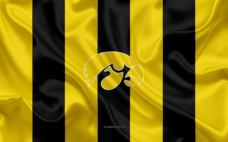 Iowa Hawkeyes, American football team, emblem, silk flag, yellow-black silk texture, NCAA, Iowa Hawkeyes logo, Iowa City, Iowa, USA, American football, University of Iowa Athletics, HD wallpaper