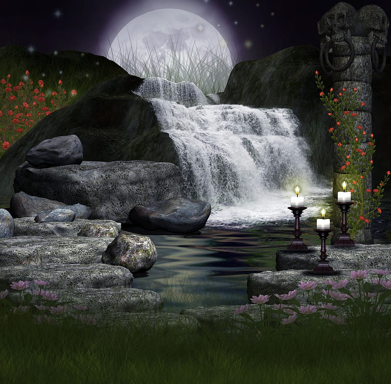 ✼Rocky of Fantasy✼, rocks, grass, digital Art, impressive, charm, candlelight, bonito, magic, fantasy, stock , landscapes, waterfall, flowers, light, night, stars, moons, warm, lovely, premade, trees, candles, skulls, plants, little lake, backgrounds, nature, reflections, HD wallpaper