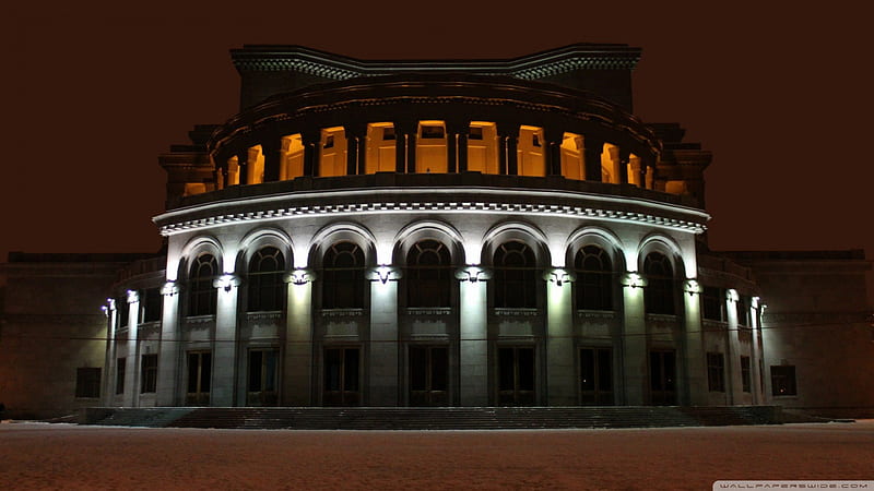 opera house in yerevan, building, opera, night, winter, light, HD wallpaper