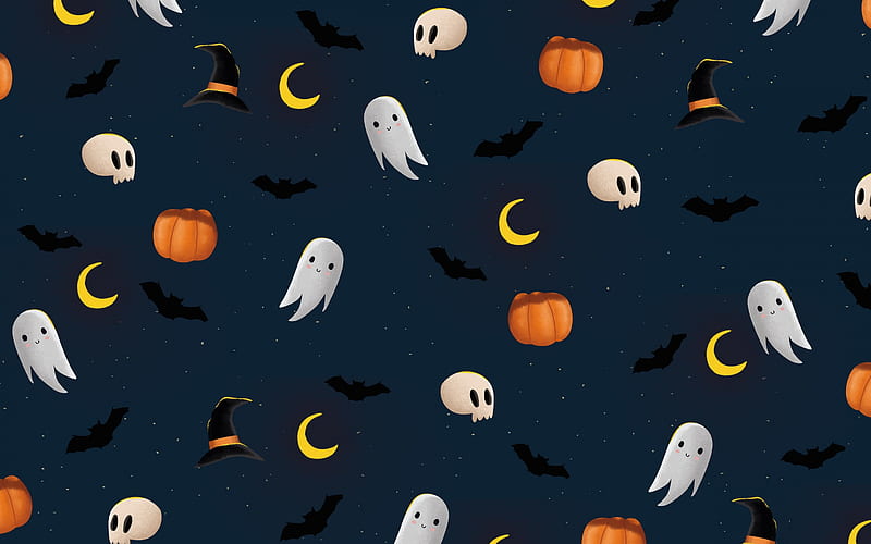 Texture, black, paper, skull, pattern, moon, orange, halloween, moon, ghost, pumpkin, bat, HD wallpaper