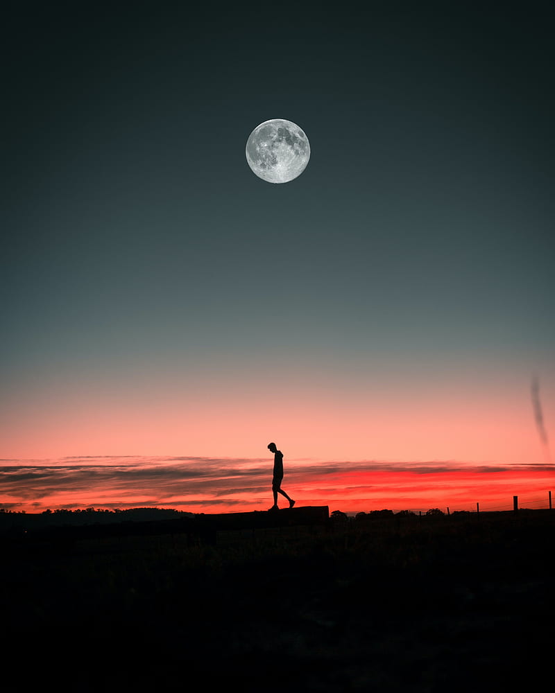 loneliness, alone, moon, silhouette, sunset, HD phone wallpaper