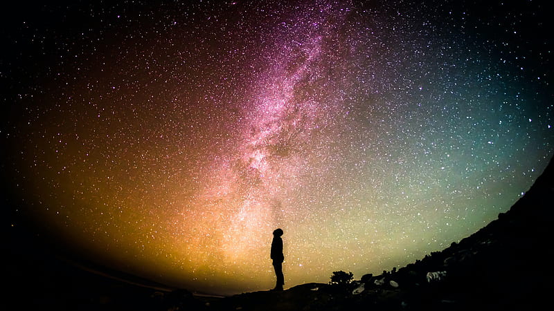 Man Is Standing Under Colorful Starry Sky Alone, HD wallpaper
