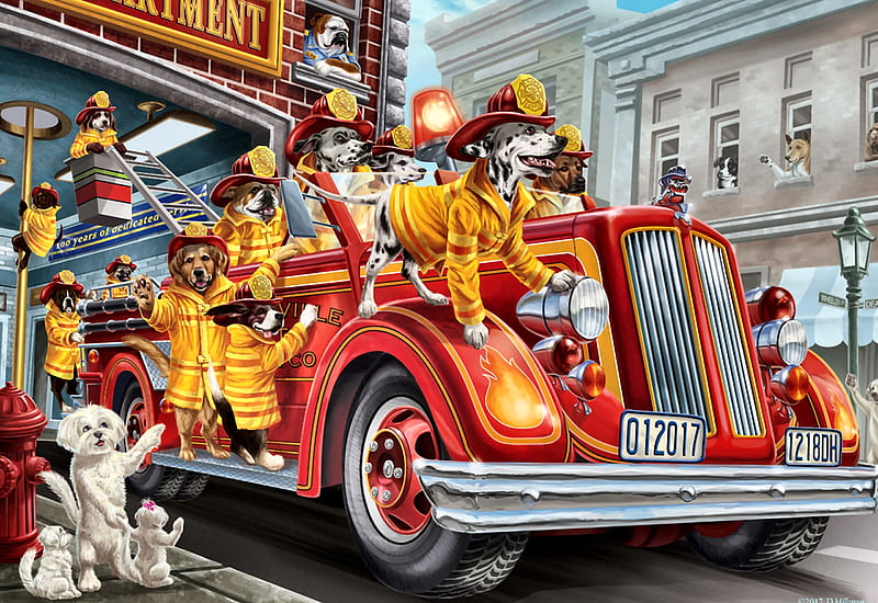 Firetruck Pups FC, art, bonito, pets, illustration, artwork, canine, animal, painting, wide screen, firetruck, dogs, HD wallpaper