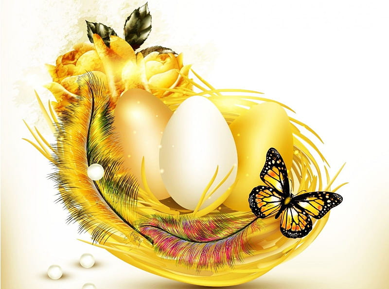 Easter Greetings, butterfly, festive, feather, eggs, artwork, HD wallpaper