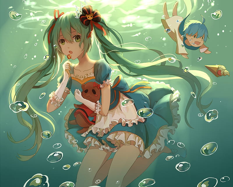 Hatsune Miku, vocaloid, underwater, manga, chibi, girl, anime, summer, bubbles, HD wallpaper