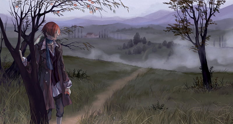 Forsaking the past, guy, North Italy aph, fog, anime, Hetalia, scenery, Hetalia Axis Powers, male, sadness, curl, manga, trees, boy, Italy aph, aph, ahoge, landscape, HD wallpaper