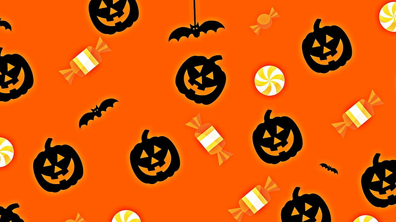Pumpkins Candy Bats Orange Background Cute Halloween, HD wallpaper