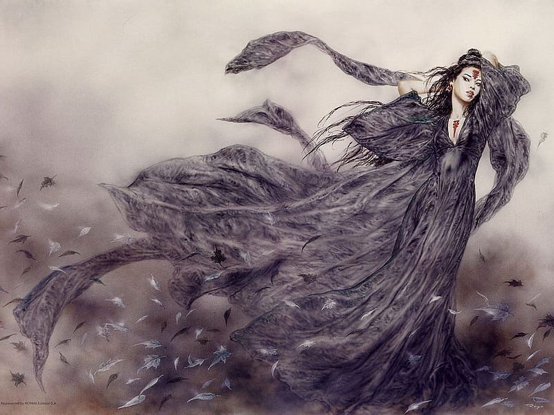 Lady of the Wind, leaves, lady, wind, dress bellowing, HD wallpaper