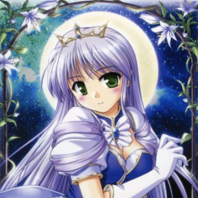 White Hair Blue Dress Flowers Princess Purple Eyes Anime Girl HD