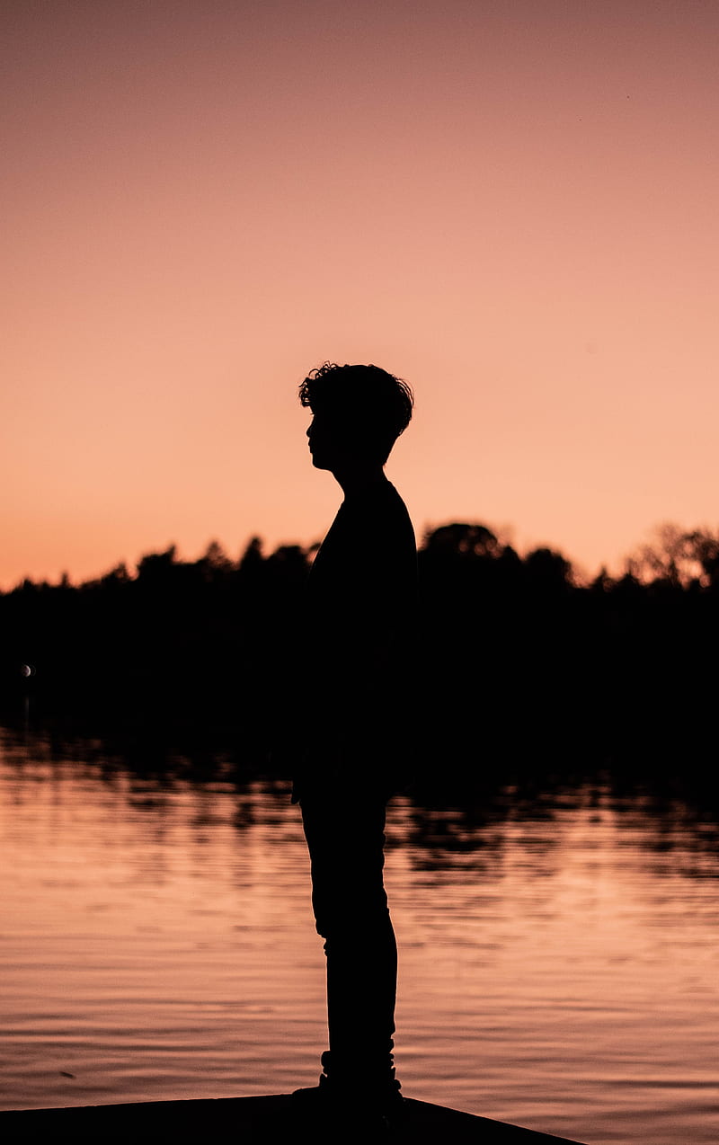 boy, silhouette, sunset, loneliness, water, HD phone wallpaper