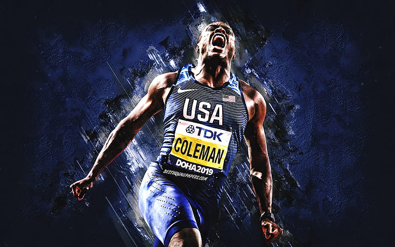 Christian Coleman, American Sprinter, Blue Stone Background, American Athlete, USA National Team, USA, HD wallpaper