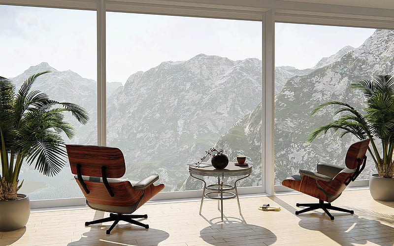 Room with a View , furniture, window, plants, mountains, interior, HD wallpaper