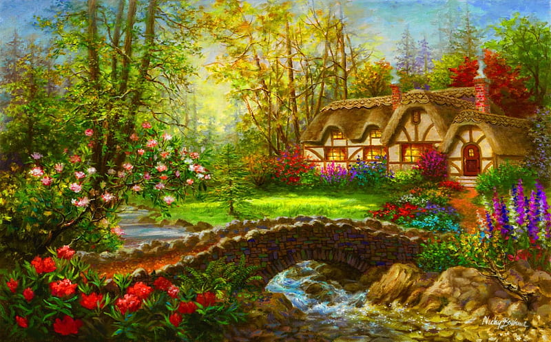 Fairytale cottage, art, house, grass, cottage, bonito, magic, creek, trees, paradise, bridge, painting, summer, farytale, river, HD wallpaper