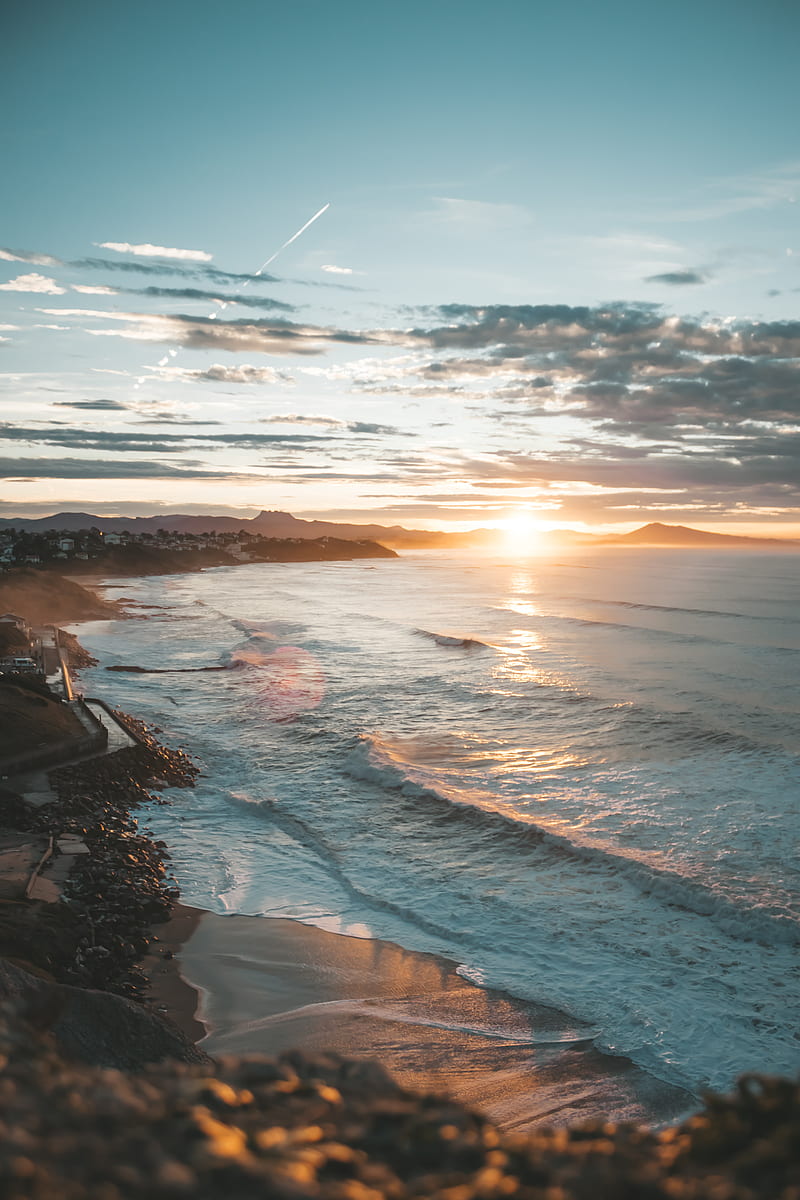sunset, sea, beach, coast, landscape, HD phone wallpaper