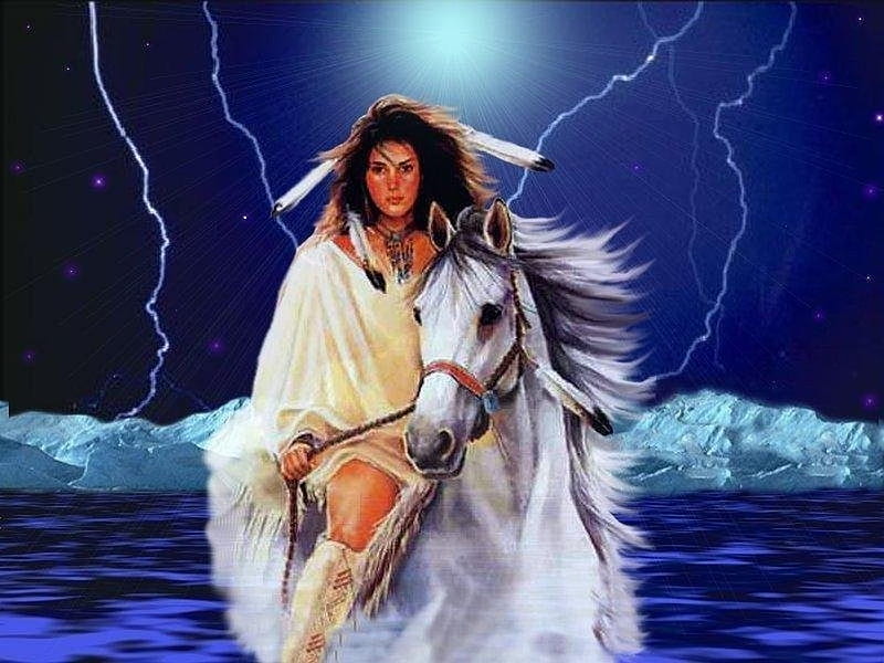 White Falcon, thunderstorm, native, lightning, horse, painting, HD wallpaper