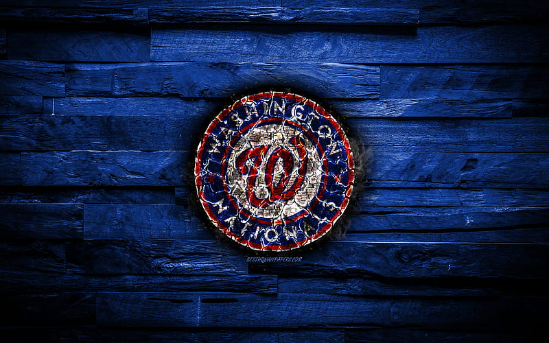 Washington Nationals scorched logo, MLB, blue wooden background, american baseball team, grunge, baseball, Washington Nationals logo, fire texture, USA, HD wallpaper