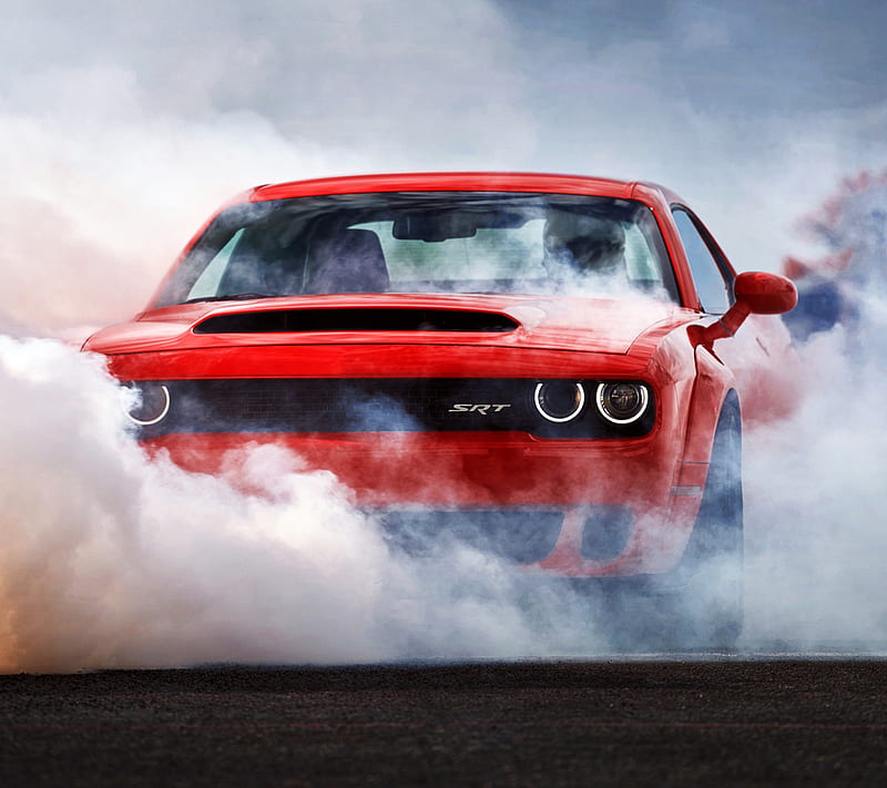 Dodge challenger 2, american, red, smoke, srt, HD wallpaper