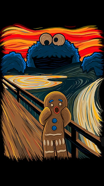 CM Painting, cookie, cookie monster, gingerbread, gingerbread man, painting, HD phone wallpaper