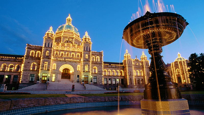 british columbia provincial parliment, building, fountain, water, lights, steps, HD wallpaper