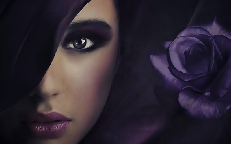 ~ இڿ-ڿڰۣ ~, brunette, beautiful faces, mystery, purple, roses, lips, woman, mystery lady, HD wallpaper