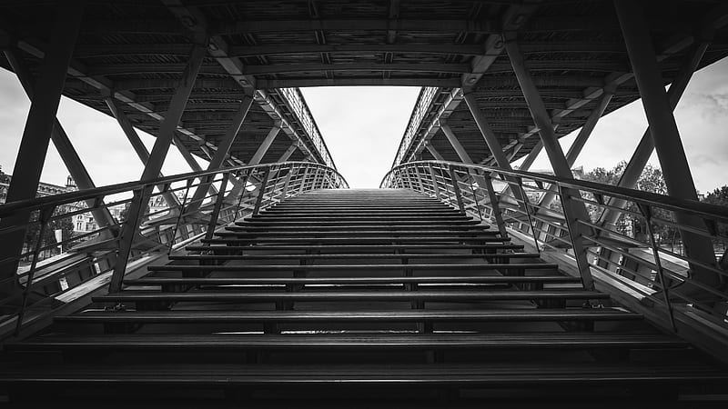 stairs, architecture, construction, bw, HD wallpaper