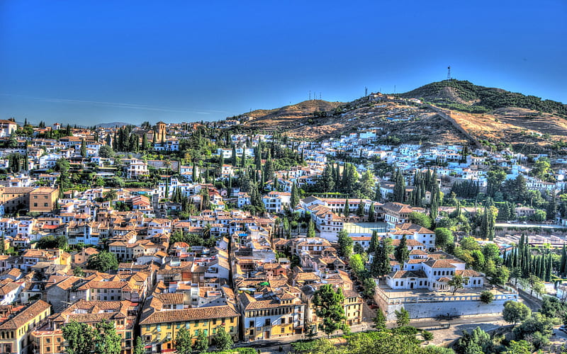 Granada, evening, sunset, buildings, summer, Granada cityscape, Spain, Granada panorama, HD wallpaper