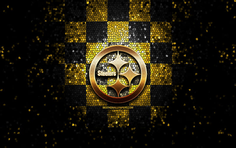 Pittsburgh Steelers, glitter logo, NFL, yellow black checkered background, USA, american football team, Pittsburgh Steelers logo, mosaic art, american football, America, HD wallpaper