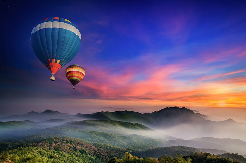 Up in the Sky, hot air balloons, sky, clouds, splendor, mountains, ballons, nature, sunrise, landscape, HD wallpaper