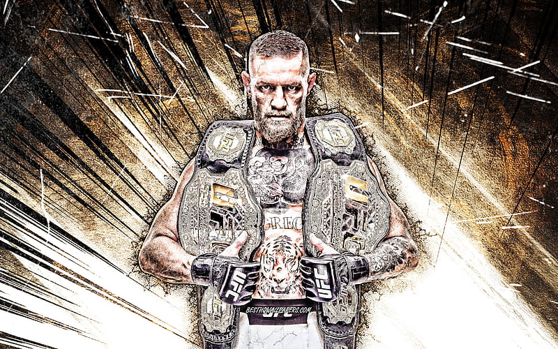 Conor McGregor grunge art, american fighters, MMA, UFC, brown abstract rays, Mixed martial arts, Conor McGregor with belts, UFC fighters, Conor Anthony McGregor, MMA fighters, HD wallpaper