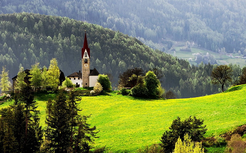 Church in the hillside, hills, nature, church, landscape, HD wallpaper