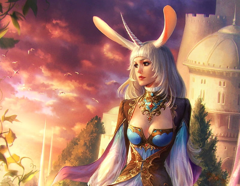 Almiraj, luminos, ears, legend of the cryptids, game, kir-tat, fantasy, girl, bunny, castle, HD wallpaper