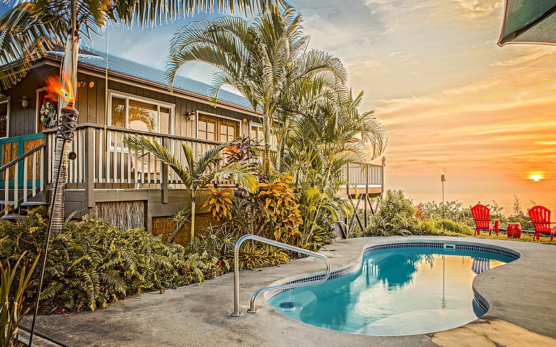 evening, sunset, summer, country house, pool, Hawaii, USA, Hawaiian lantern, HD wallpaper