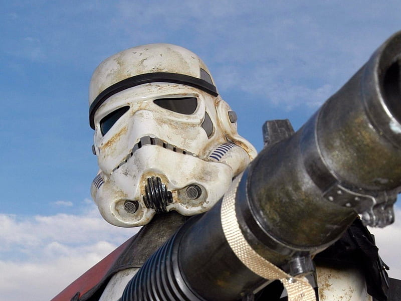 storm trooper, helmet, dirty, blue sky, weapon, clouds, HD wallpaper
