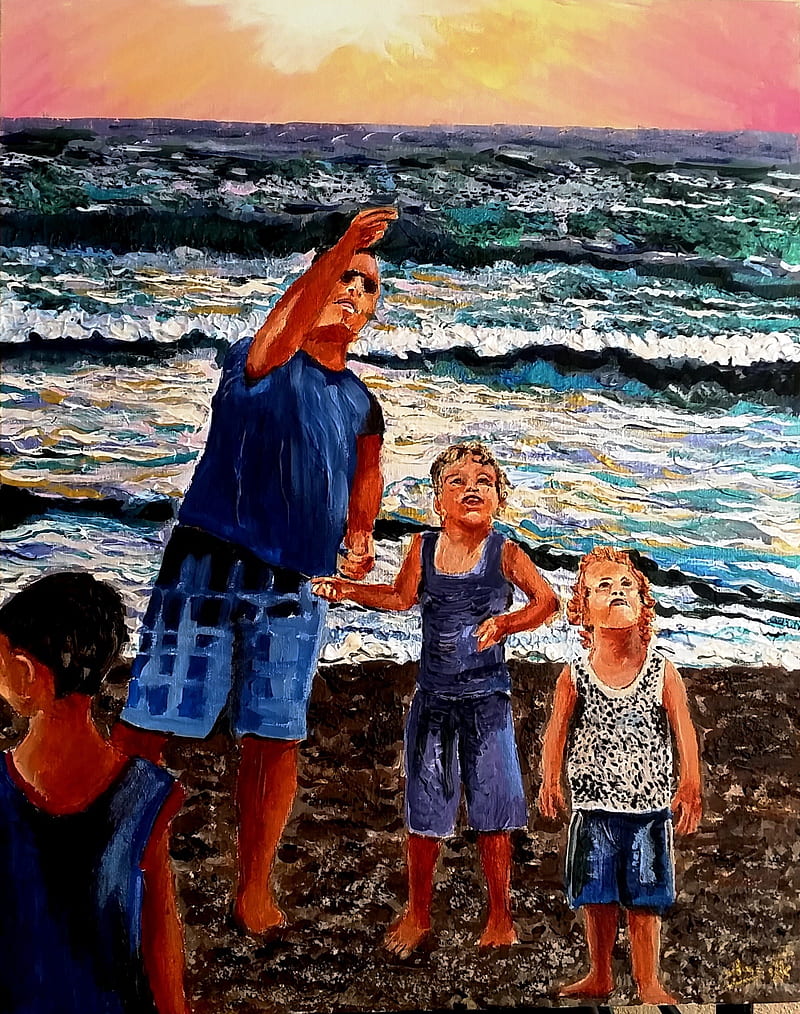 sunset, sea, beach, kite , children, HD phone wallpaper