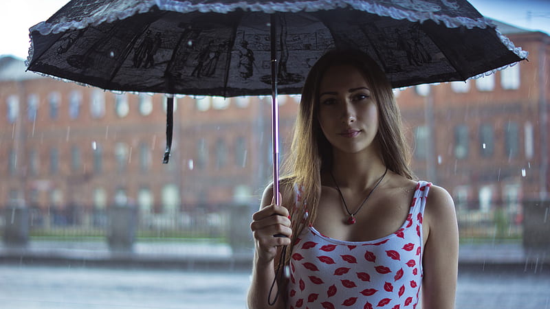 Girl Rain Umbrella Outdoor, girls, model, umbrella, outdoors, rain, HD wallpaper