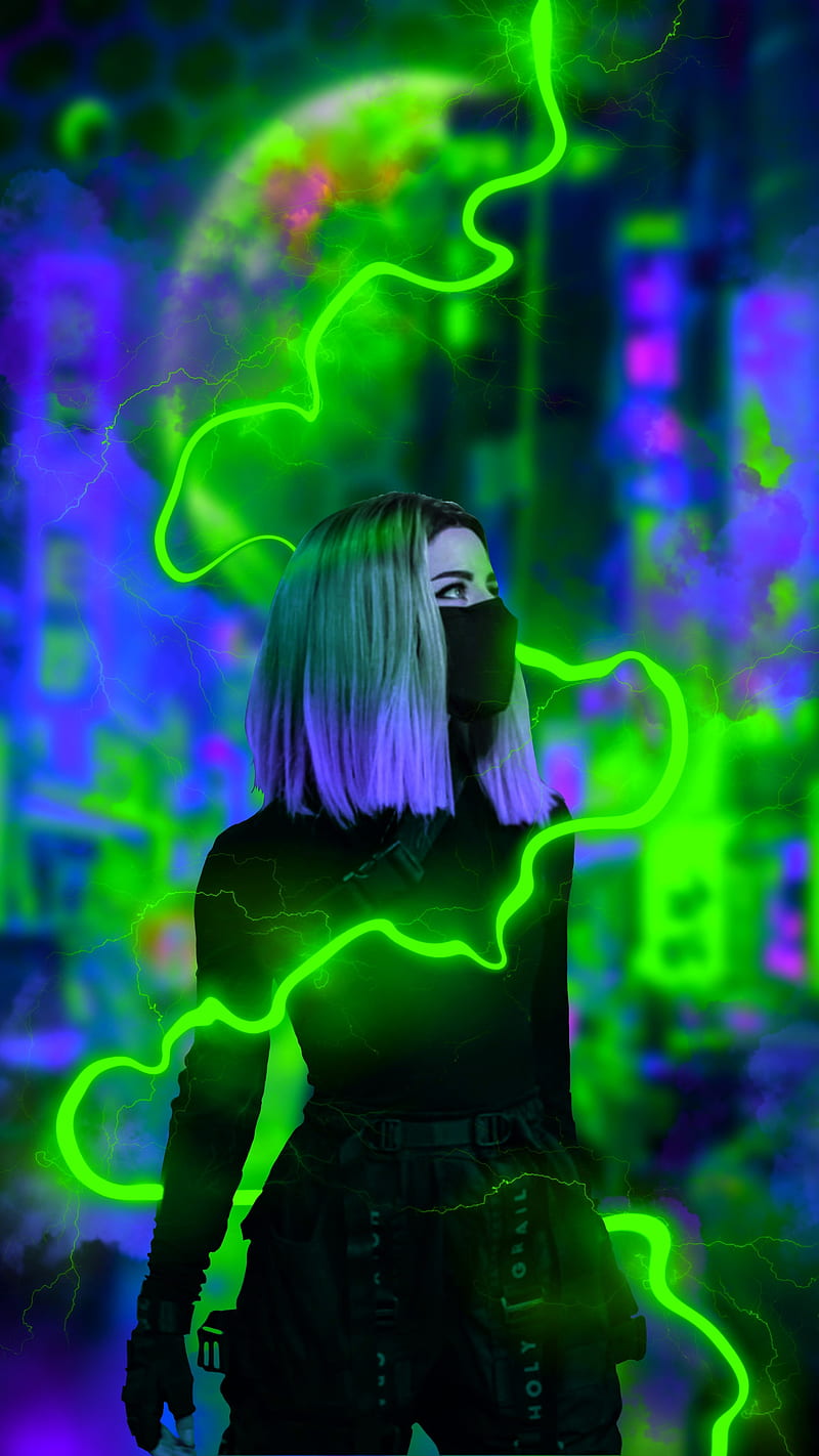 lightning power green, girl, acid, face mask, ninja, purple, smoke, HD phone wallpaper