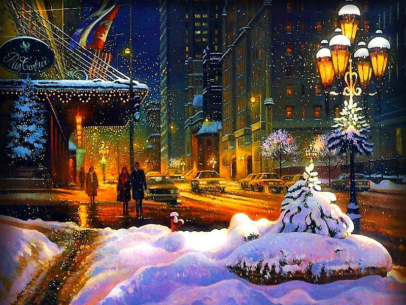Christmas walk in the city, amazing, lovely, christmas, bonito, lights, carros, city, splendor, snow, mobile, color, walk, evening, HD wallpaper