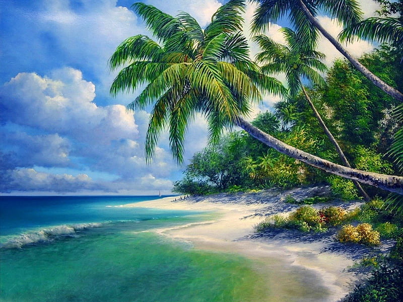 Tropical beach, pretty, bonito, clouds, sea, palm trees, beach, nice, green, painting, tropics, blue, art, exotic, lovely, clear, ocean, greenery, emerald, waves, sky, palms, water, crystal, island, nature, tropical, HD wallpaper