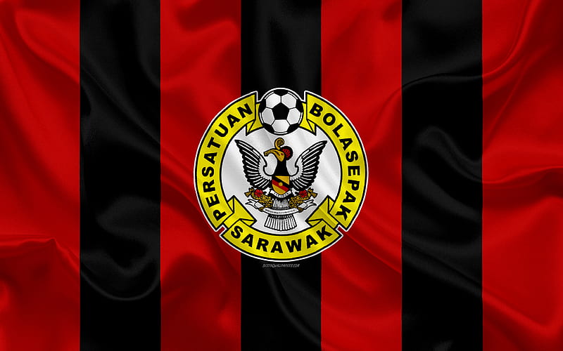 Sarawak FA logo, silk texture, Malaysian football club, red black silk flag, Malaysia Premier League, Sarawak, Malaysia, football, HD wallpaper