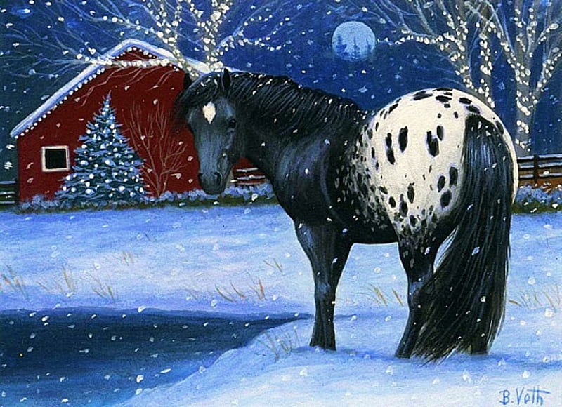 Christmas Snow, moon, painting, trees, horse, artwork, barn, HD wallpaper