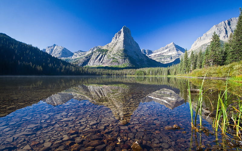 Glacier National Park, USA, Montana, America, pepples, lake, water, mountains, nature, US, landscape, HD wallpaper