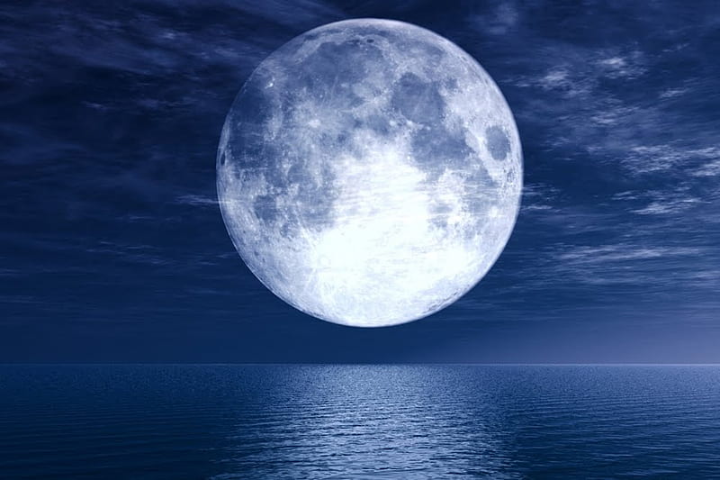SUPERMOON, moon, big, ocean, clouds, sky, blue, night, HD wallpaper