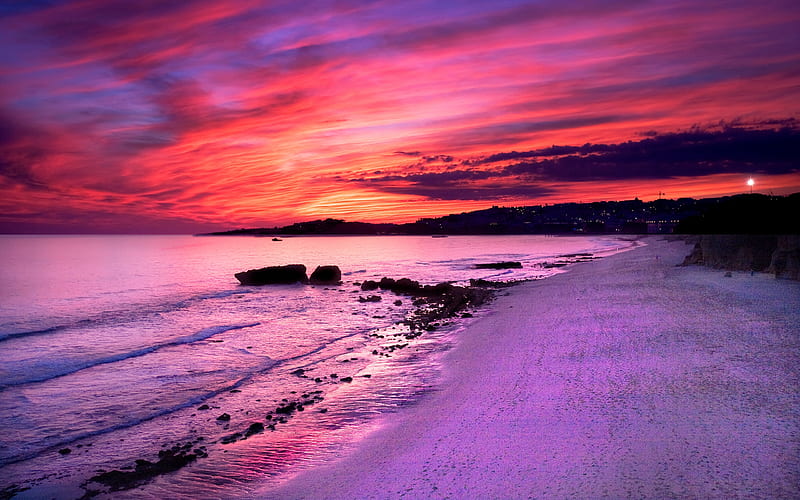 Purple Sunset, colorful, bonito, sunset, clouds, sea, lights, beach, sand, splendor, beauty, evening, lovely, view, ocean, town, colors, waves, sky, purple, peaceful, summer, nature, HD wallpaper