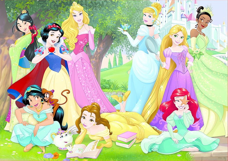 Disney princesses, rapunzel, aurora, snow white, mulan, belle, yellow, cinderella, jasmine, ariel, tiana, princess, pink, disney, blue, HD wallpaper