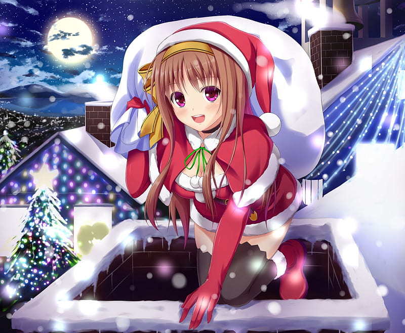 Merry Christmas, female, roofs, santa, red clothes, moon, girl, snow, anime, presents, chimney, night, HD wallpaper