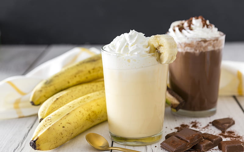 banana smoothie, chocolate smoothie, banana milkshake, chocolate drinks, bananas, HD wallpaper
