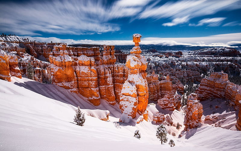 Moonlit Bryce Canyon covered in fresh snow, mountains, utah, rocks, usa, clouds, sky, winter, HD wallpaper